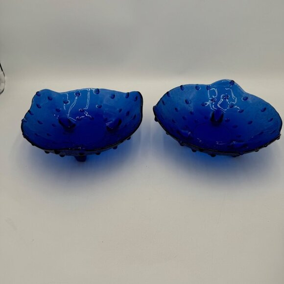 Unusual Vintage Collectible Cobalt Blue Blown Glass Hobnail Footed Serving Bowl - Picture 2 of 10